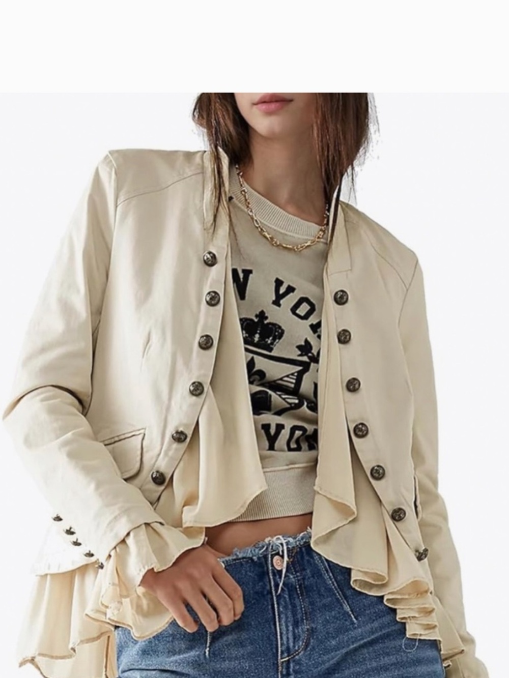 Free People Cream Ruffle Hem Military Jacket XS Victorian Balletcore Steampunk